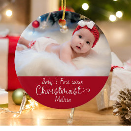 Klassisk Elegant Red Baby Första julfoto Julgransprydnad Keramik