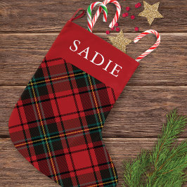 Klassisk Elegant Red Tartan Helgdag w/ Namn Stor Julstrumpa