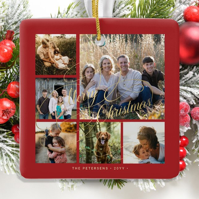 Klassisk elegant röd guld 6-fotokollage julgransprydnad keramik (Skapare uppladdad)