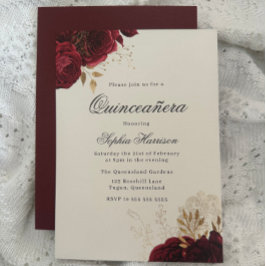 Klassisk Elegant Röd ros & Guld Quinceanera Inbjudningar