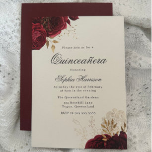 Klassisk Elegant Röd ros & Guld Quinceanera Inbjudningar