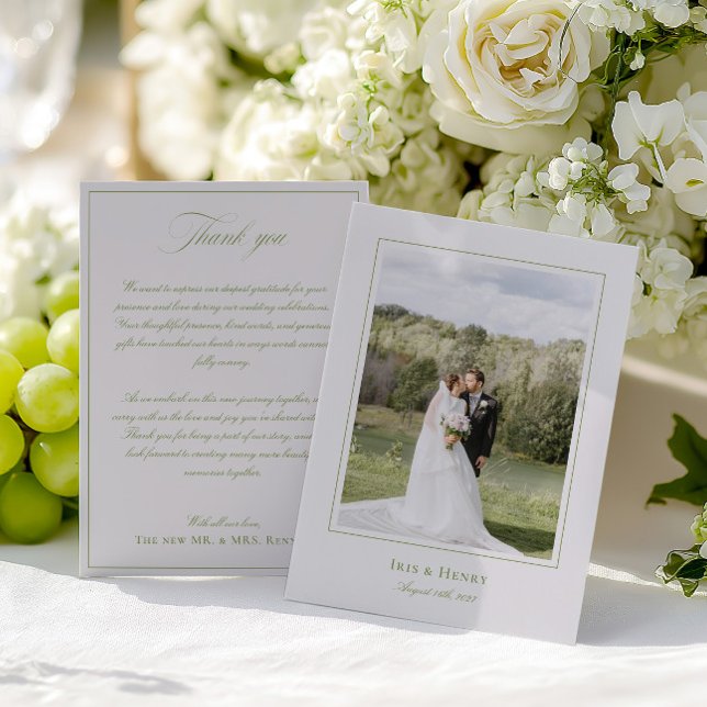 Klassisk Elegant Sage Grönt & Beige Bröllop Photo Tack Kort (Classic Elegant Sage Green & Beige Wedding Photo Thank You Card)