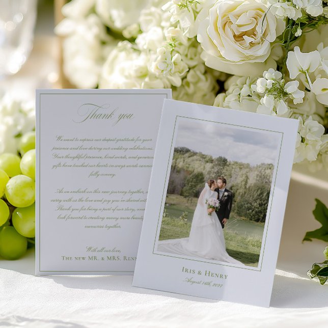 Klassisk Elegant Sage Grönt och Blue Bröllop Photo Tack Kort (Classic Elegant Sage Green & Blue Wedding Photo Thank You Card)