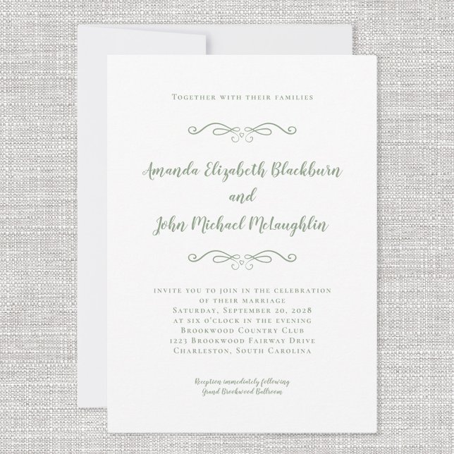 Klassisk Elegant Sage Grönt Timless Formal Bröllop Inbjudningar (Classic Elegant Sage Green Timeless Formal Wedding Invitation)