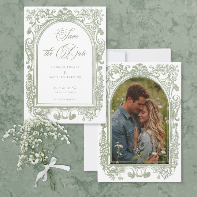 Klassisk Elegant Sage Valvbåge Ram Fotobryllup Spara Datumet (Classic Elegant Sage Arch Frame Photo Wedding Save The Date)