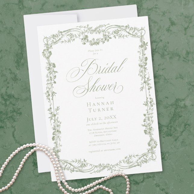 Klassisk Elegant Salvia Blommig Ram Bröllopsdusch Inbjudningar (Classic Elegant Sage Floral Frame Bridal Shower Invitation)