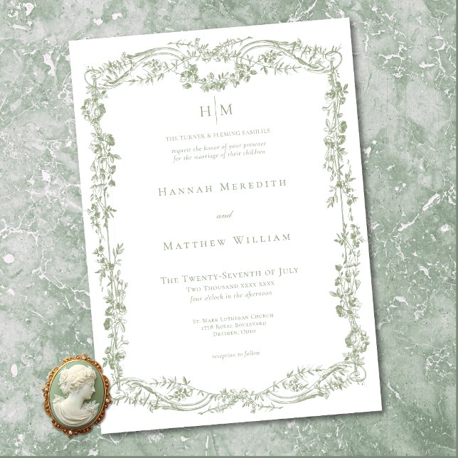 Klassisk Elegant Salvia Diskret Blommig Ram Bröllo Inbjudningar (Classic Elegant Sage Delicate Floral Frame Wedding Invitation)