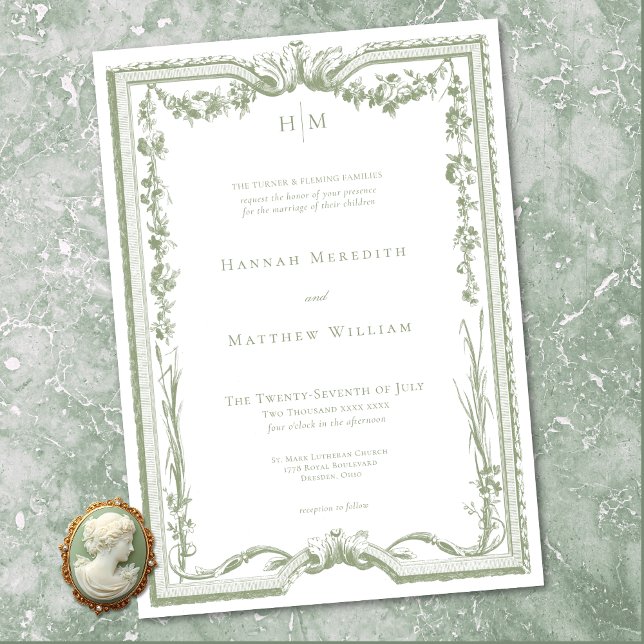 Klassisk Elegant Salvia Grön Blommig Ram Bröllop Inbjudningar (Classic Elegant Sage Green Floral Frame Wedding Invitation)