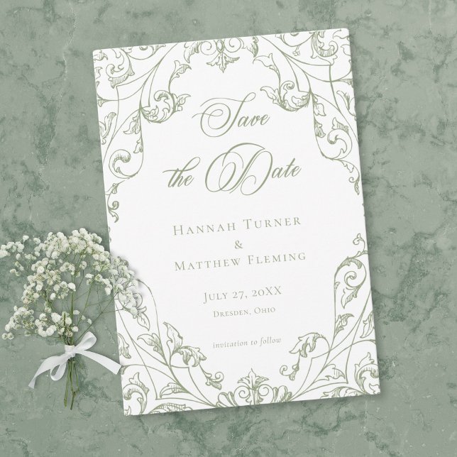 Klassisk Elegant Salvia Grön Blommig Ram Bröllop Spara Datumet (Classic Elegant Sage Green Floral Frame Wedding Save The Date)