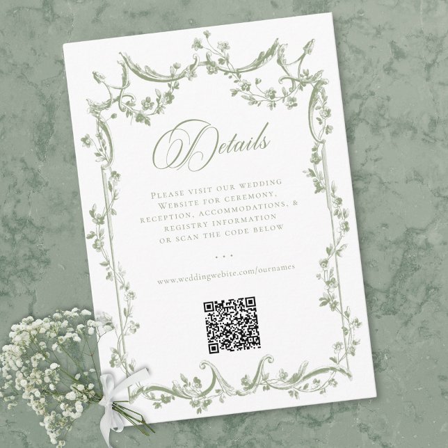 Klassisk Elegant Salvia Grön Blommig Ram Bröllops  Tilläggskort (Classic Elegant Sage Green Floral Frame Wedding QR Enclosure Card)