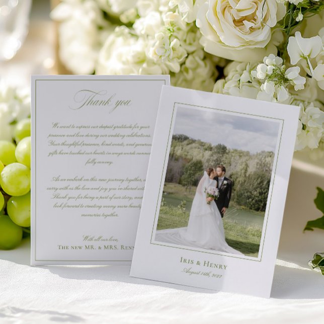 Klassisk Elegant Salvia Grön Bröllopsfoto Tack Kort (Classic Elegant Sage Green Wedding Photo Thank You Card)