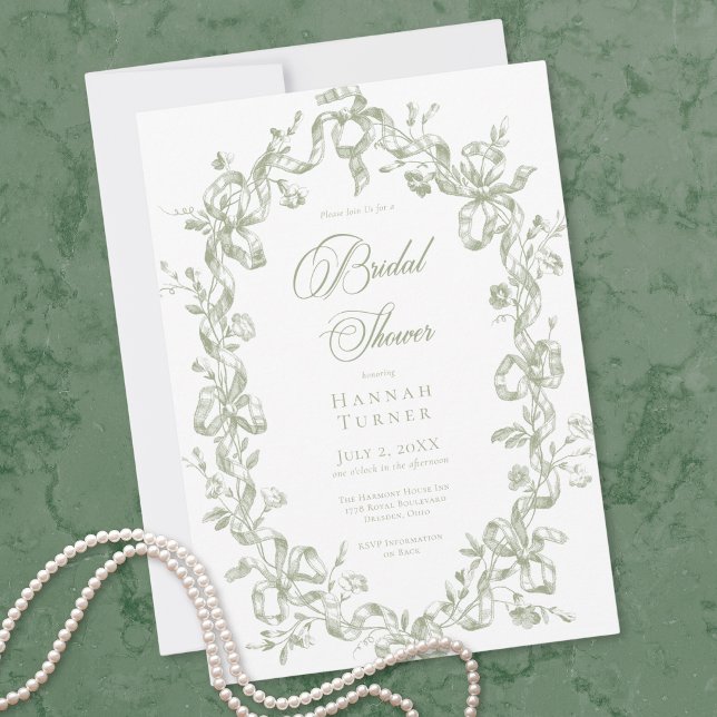 Klassisk Elegant Salvia Oval Bands Bröllopsfest Inbjudningar (Classic Elegant Sage Oval Ribbon Bridal Shower Invitation)