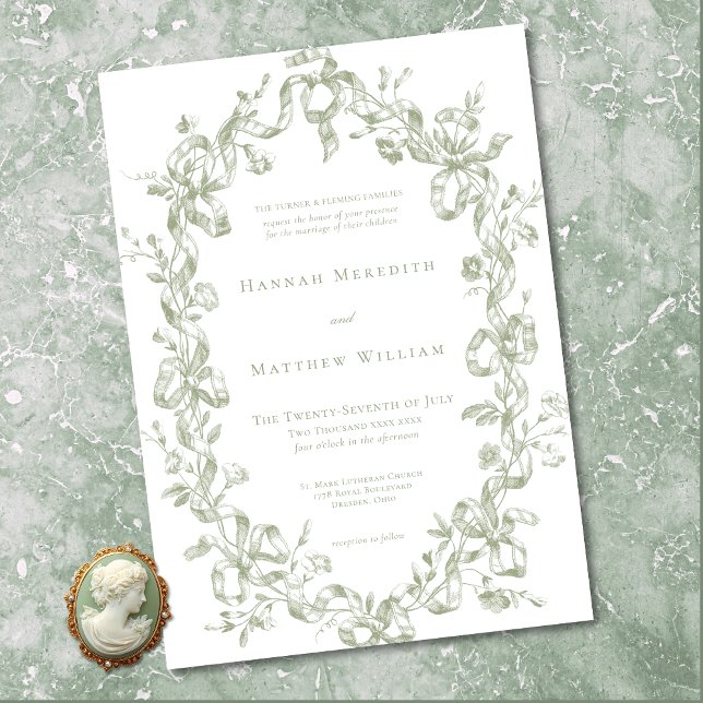 Klassisk Elegant Salvia Oval Bands Ram Bröllop Inbjudningar (Classic Elegant Sage Oval Ribbon Frame Wedding Invitation)