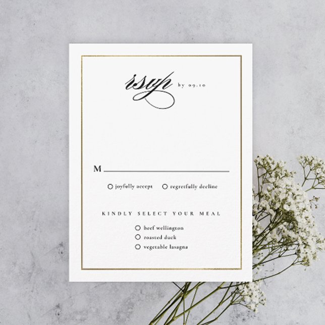 Klassisk Elegant Skrift Guld Bröllop OSA Kort (Elegant calligraphy wedding invitation RSVP enclosure card.)