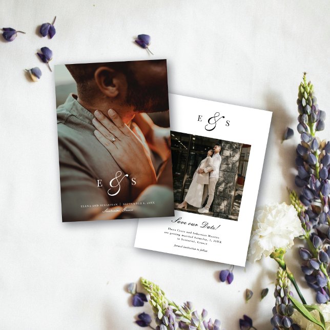 Klassisk Elegant Skript Monogram Tvåsidig Foto Spara Datumet (Skapare uppladdad)