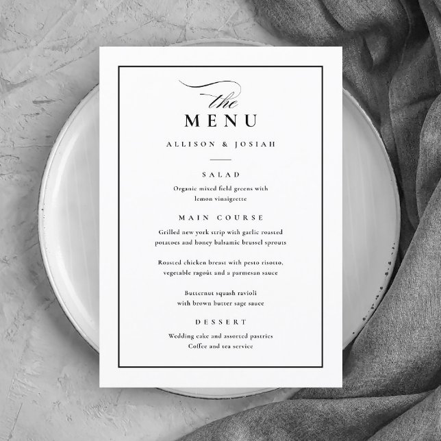 Klassisk Elegant Svart och Vit Bröllop Meny (Simple Black and White Wedding Menu.)