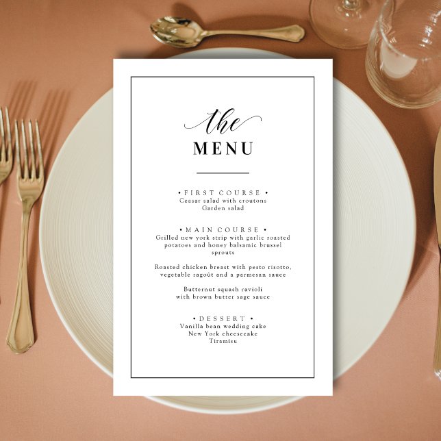 Klassisk Elegant Svart och Vit Bröllopsmeny (Classic elegant black and white wedding menu adds timeless style to each place setting)
