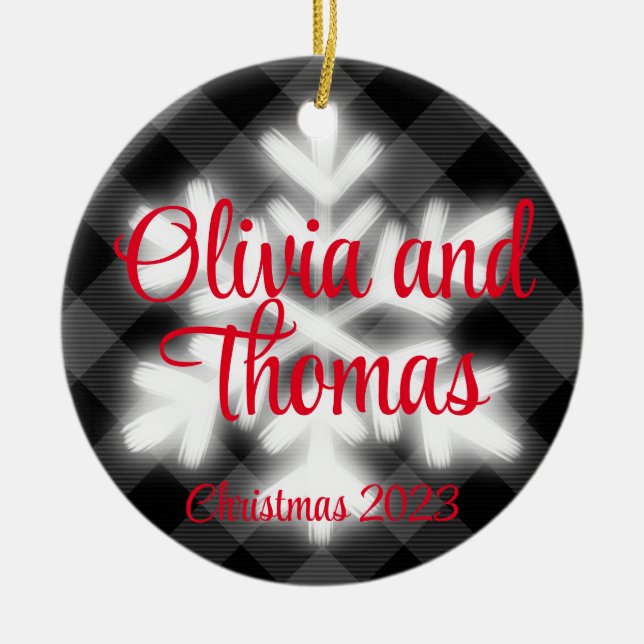 Klassisk elegant Svartvit flinga snö Julgransprydnad Keramik (Framsidan)