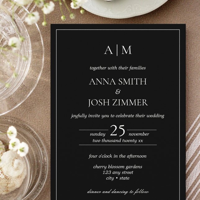Klassisk Elegant, svartvit, minimalistiskt monogra Inbjudningar (All Black Classy Wedding Invitation)