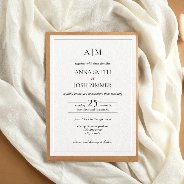 Klassisk Elegant, svartvit, minimalistiskt monogra Inbjudningar (Elegant Classy Black and White Wedding Invitation)