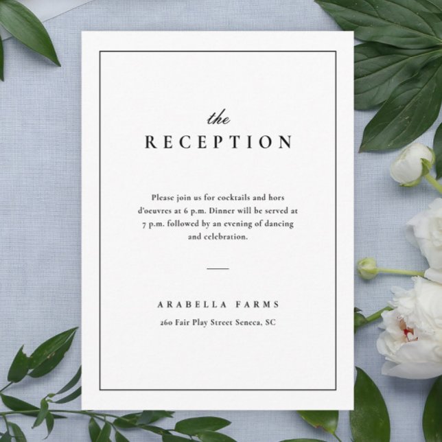 Klassisk Elegant, svartvitt bröllop Tilläggskort (Simple typographic black and white wedding reception enclosure card.)