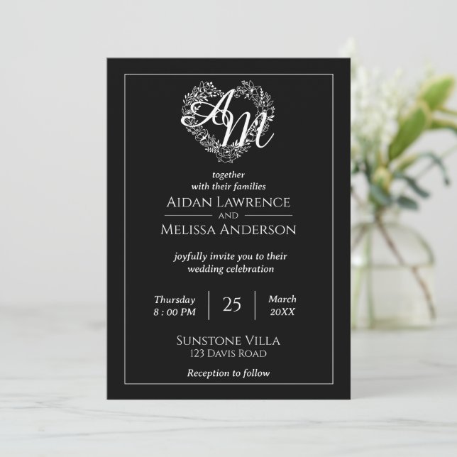 Klassisk Elegant Svartvitt minimalistiskt Bröllop Inbjudningar (Stående Fram)