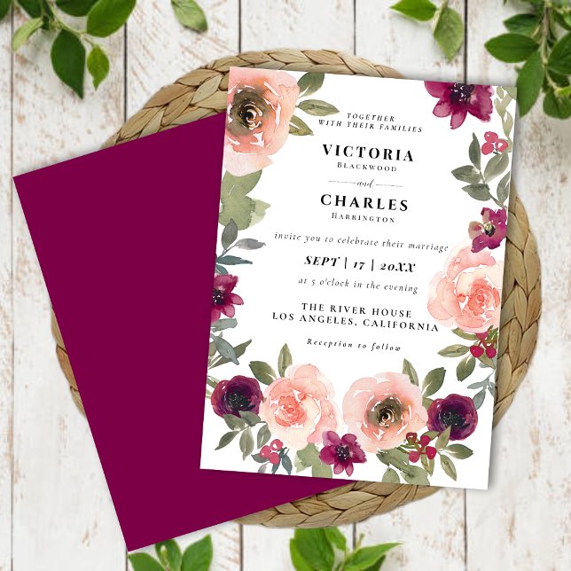 Klassisk Elegant  vattenfärgsBlommigt Bröllop Inbjudningar (Classic Elegant Blush Watercolor Floral Wedding Invitation)