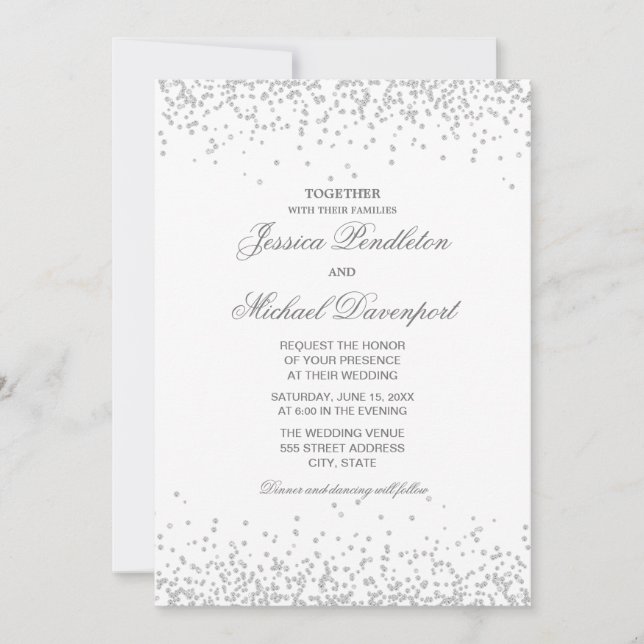 Klassisk Elegant Vit Silverglitter Bröllop Inbjudningar (Framsida)