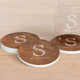 Klassisk Elegant Wood Grain Monogram Namn Underlägg