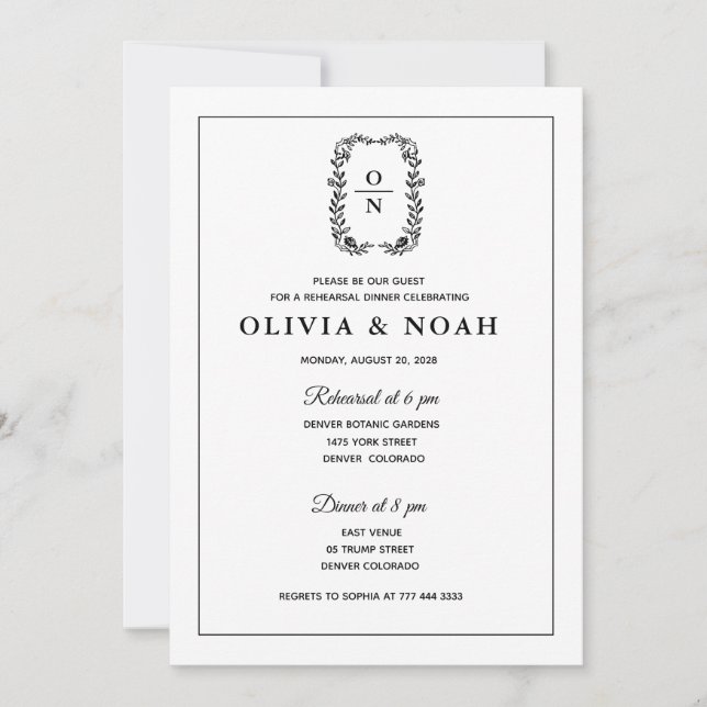 KLASSISK ELEGANTA SVART &VIT ÖVNINGSMIDDAG INBJUDNINGAR (Framsida)