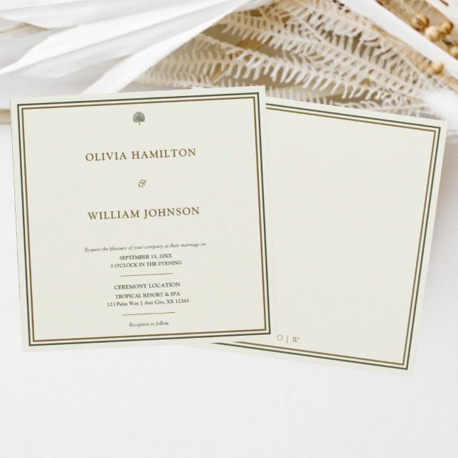 Klassisk Elfenben & Guld Monogram Fyrkantig Bröllo Inbjudningar (Minimalist ivory & gold wedding invite with monogram back — refined & timeless design.)