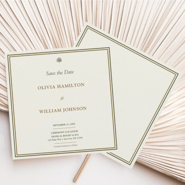 Klassisk Elfenben & Guld Monogram Fyrkantig Save T Spara Datumet (Elegant ivory & gold Save the Date with monogram back—timeless, refined, and personal.)
