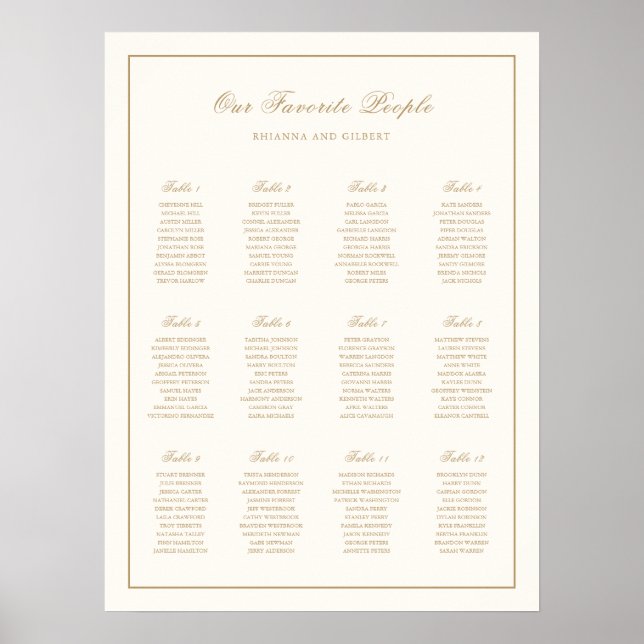 Klassisk Elfenbensvit och Guld Bröllops Placerings Poster (Framsidan)