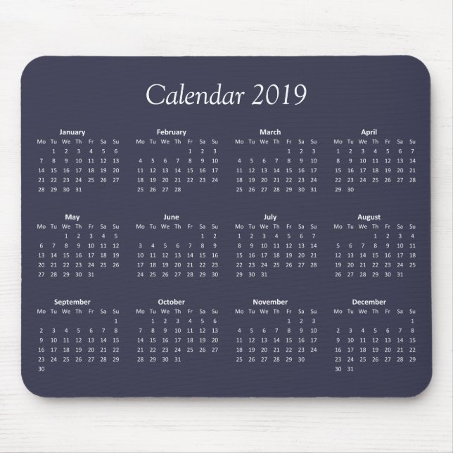 Klassisk enkel blå och vit kalender för 2019 musmatta (Framsidan)