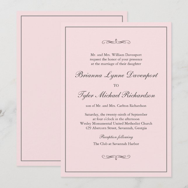 Klassisk enkel elegance  Rosa Bröllop Inbjudningar (Fram/baksida)