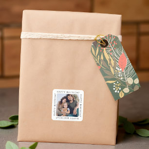 Klassisk Enkel Glad Födelsedag Familjefoto Fyrkantigt Klistermärke