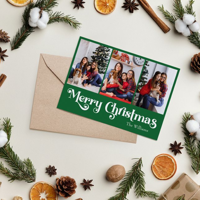 Klassisk enkel Grönt God jul Tre foto Julkort (Skapare uppladdad)