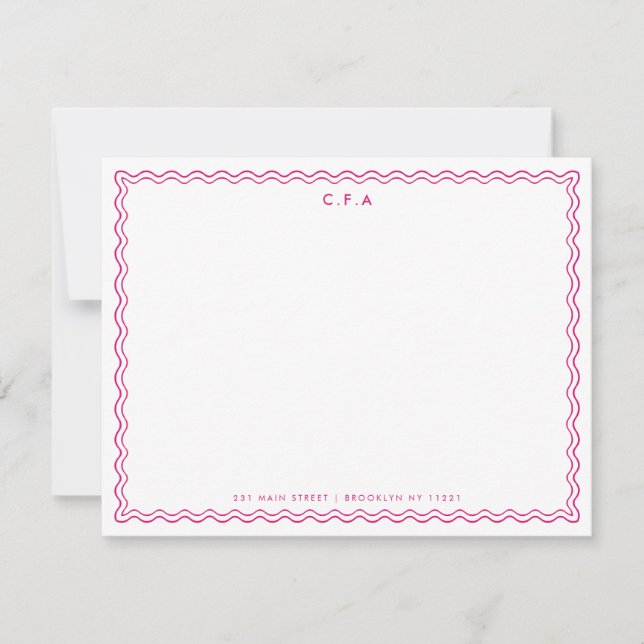 Klassisk enkel Magenta Rosa 3 Monogram Wave Gräns Anteckningskort (Framsida)