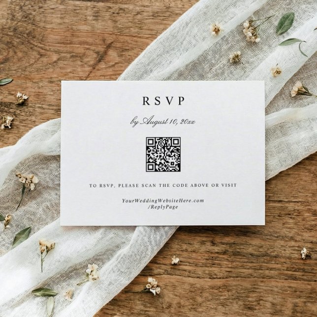Klassisk Enkel Modern Elegant Bröllops QR-kod OSA Kort (Black and white wedding RSVP card with elegant calligraphy and QR code for RSVP)