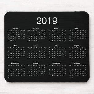 Klassisk enkel svart och vit kalender för 2019 musmatta