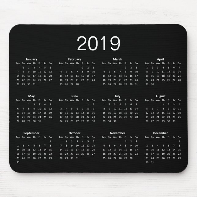 Klassisk enkel svart och vit kalender för 2019 musmatta (Framsidan)