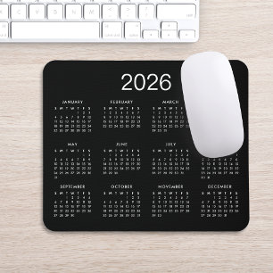 Klassisk enkel svart och vit kalender för 2026 musmatta