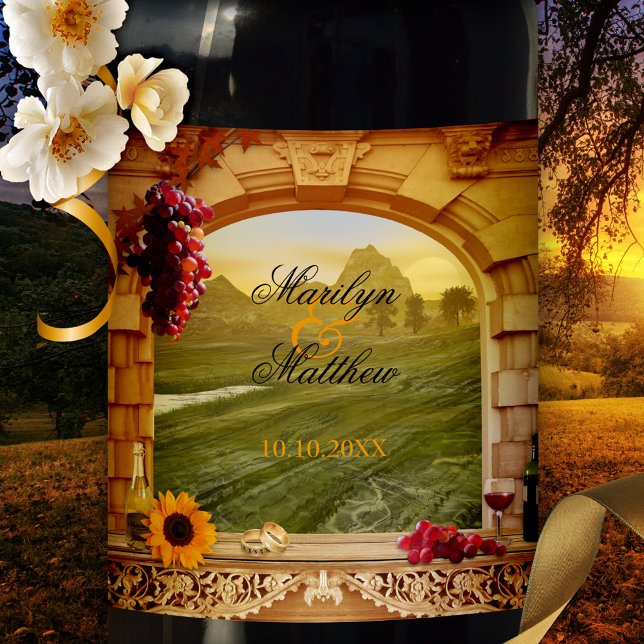 Klassisk etikett Stil Bröllop Vin (Classic Italian wine label featuring a painting of a Roman arch with grapes and a Tuscan landscape)
