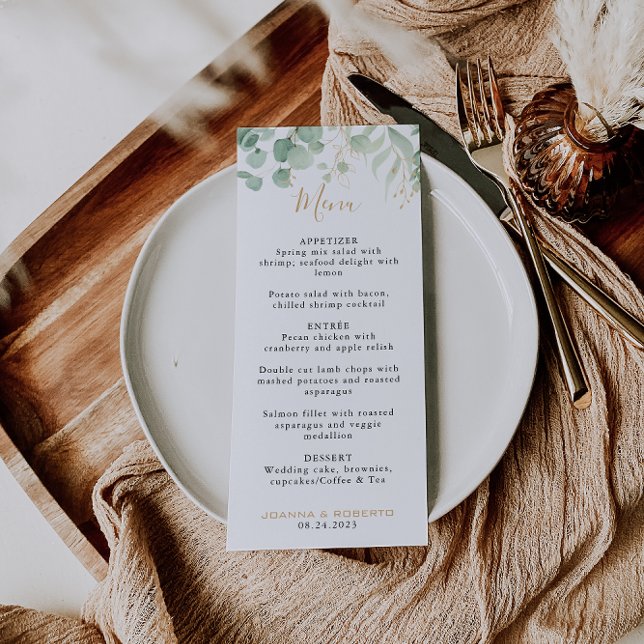 Klassisk eukalyptus Guld Löv Formal Bröllop Menu Meny (Skapare uppladdad)