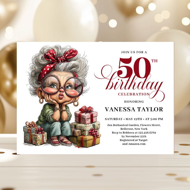 Klassisk Excentrisk Kvinna 50-års Födelsedagsfest  Inbjudningar (Classic Quirky Woman 50th Birthday Whimsical Invitation)