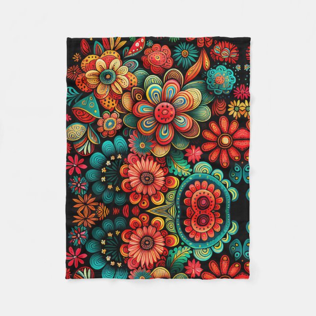 KLASSISK FÄRGKOLORFUL DOODLE FLOWERS ART DESIGN FLEECEFILT (Framsidan)