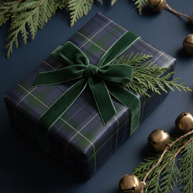 Klassisk festlig marinblå grön julrutig platt presentpapper (Classic Festive Navy Green Christmas Tartan Plaid Wrapping Paper)
