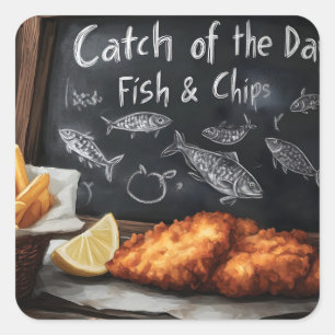 Klassisk fisk och Chip och illustration av kontur Fyrkantigt Klistermärke