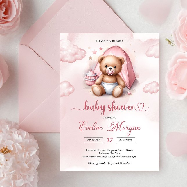 Klassisk flicka baby shower inbjudan teddybjörn (Classic girl baby shower invitation teddy bear)