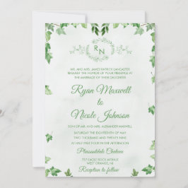 Klassisk formell blomstergrön monogram bröllop inbjudningar